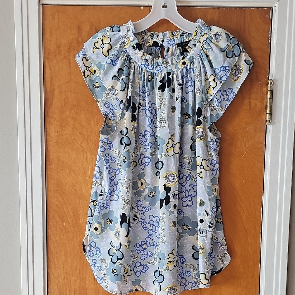 Ann Taylor Floral Blouse - Blue and Cream